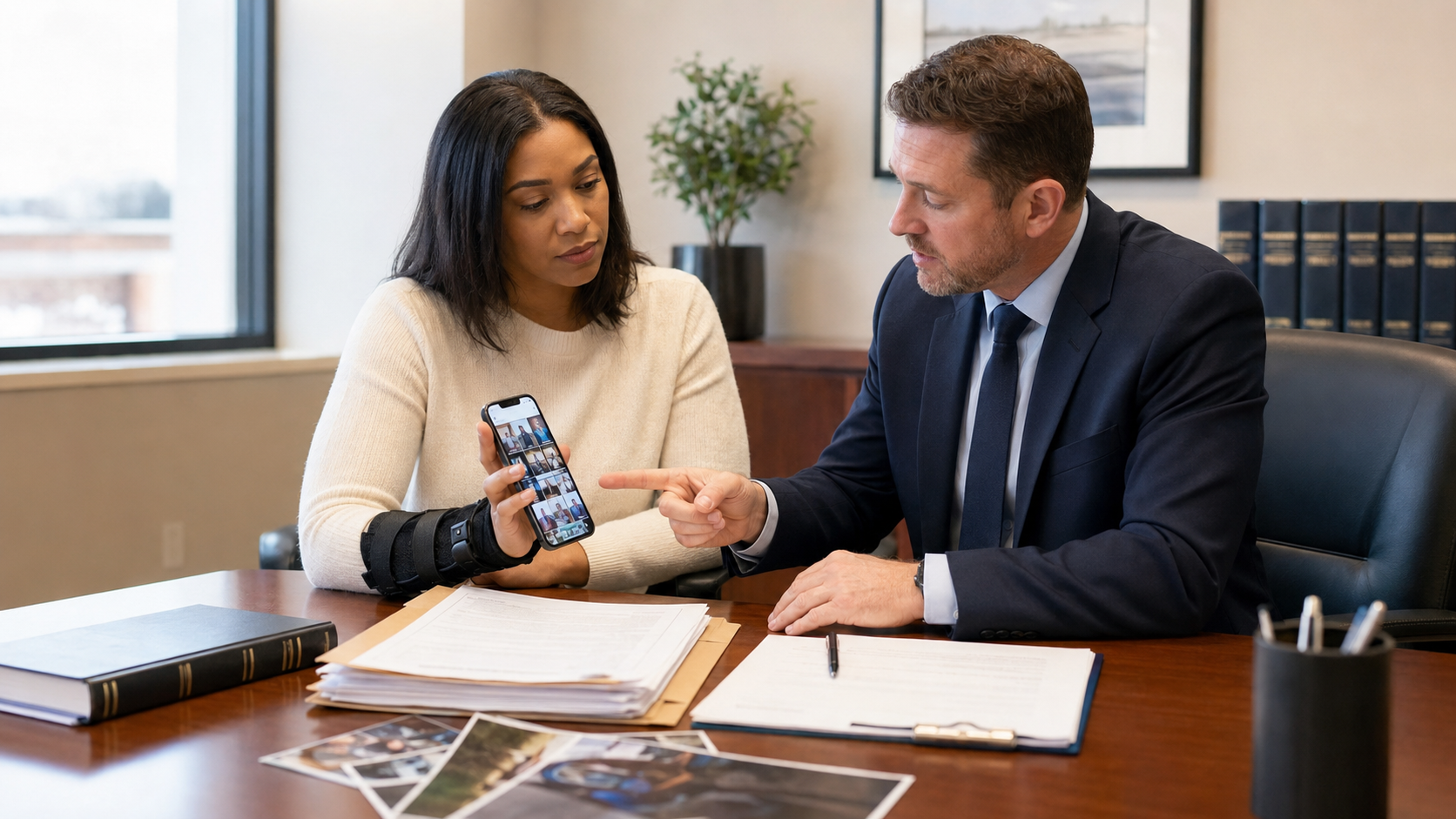 Injured woman shows social media posts on her phone to an Ohio personal injury attorney during an office consultation.
