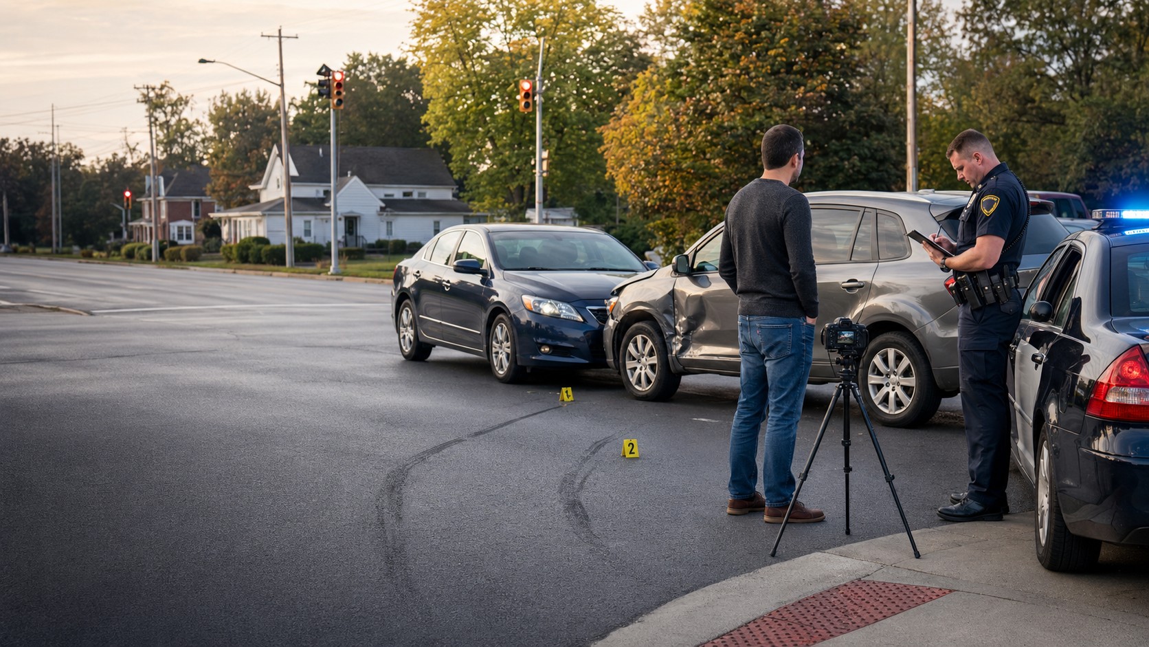Ohio police officer documenting evidence after a car accident to help determine fault and assess a traffic citation.