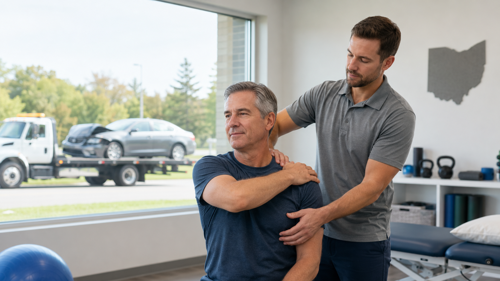 Patient receiving guided physical therapy from a doctor as part of car crash recovery in Ohio, with a damaged vehicle secured on a tow truck outside.