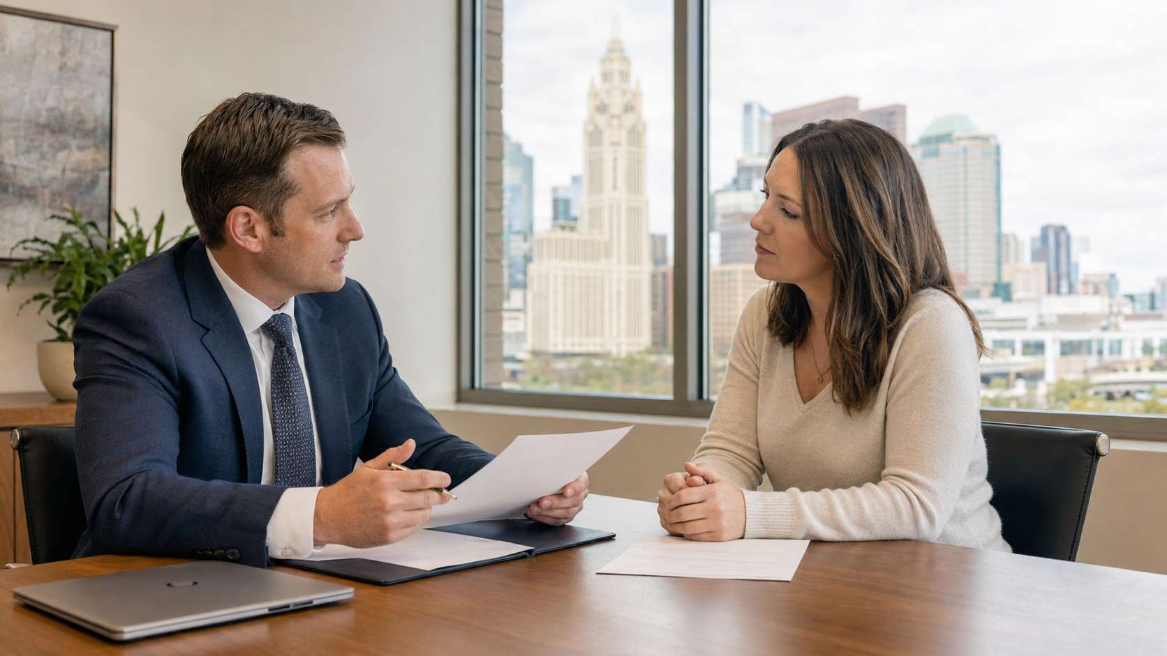 Columbus personal injury attorney reviewing claim documents with a client in an office overlooking downtown Columbus, Ohio.