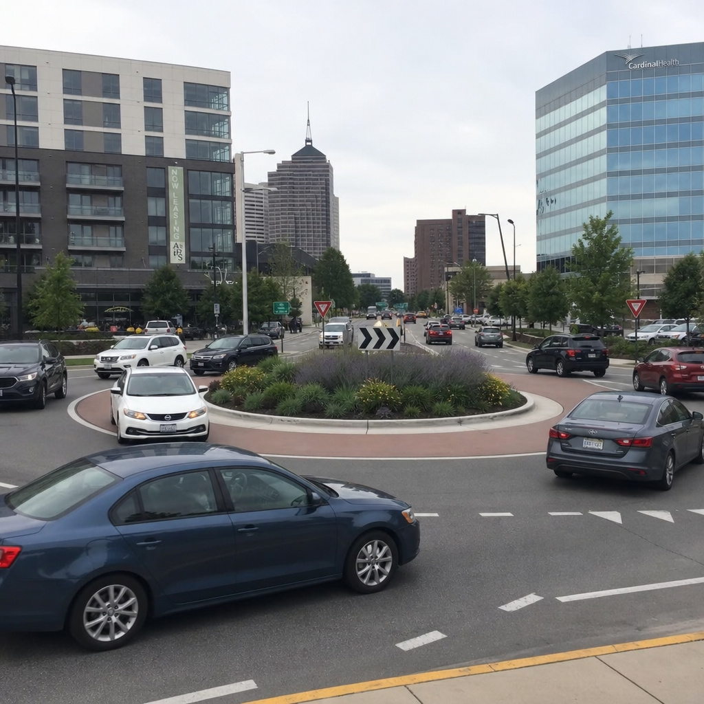 Various types of vehicles navigating a busy multi-lane roundabout in downtown Columbus, OH, near office buildings.