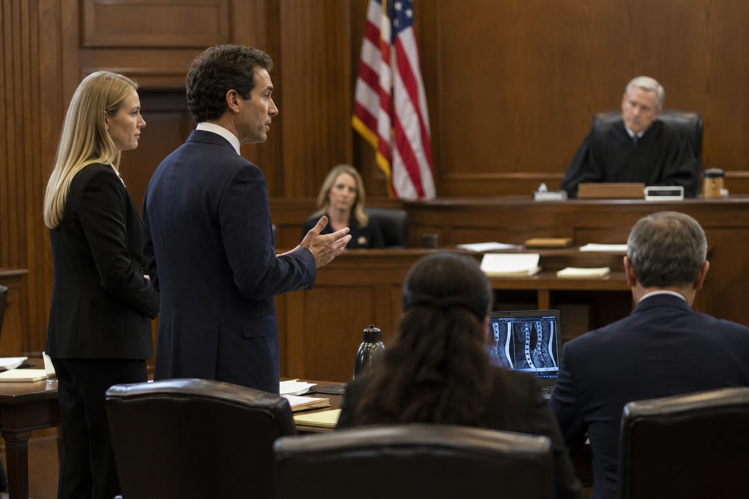 Ohio personal injury attorneys from Buckeye Law Group representing an injured client during a courtroom hearing before a judge.