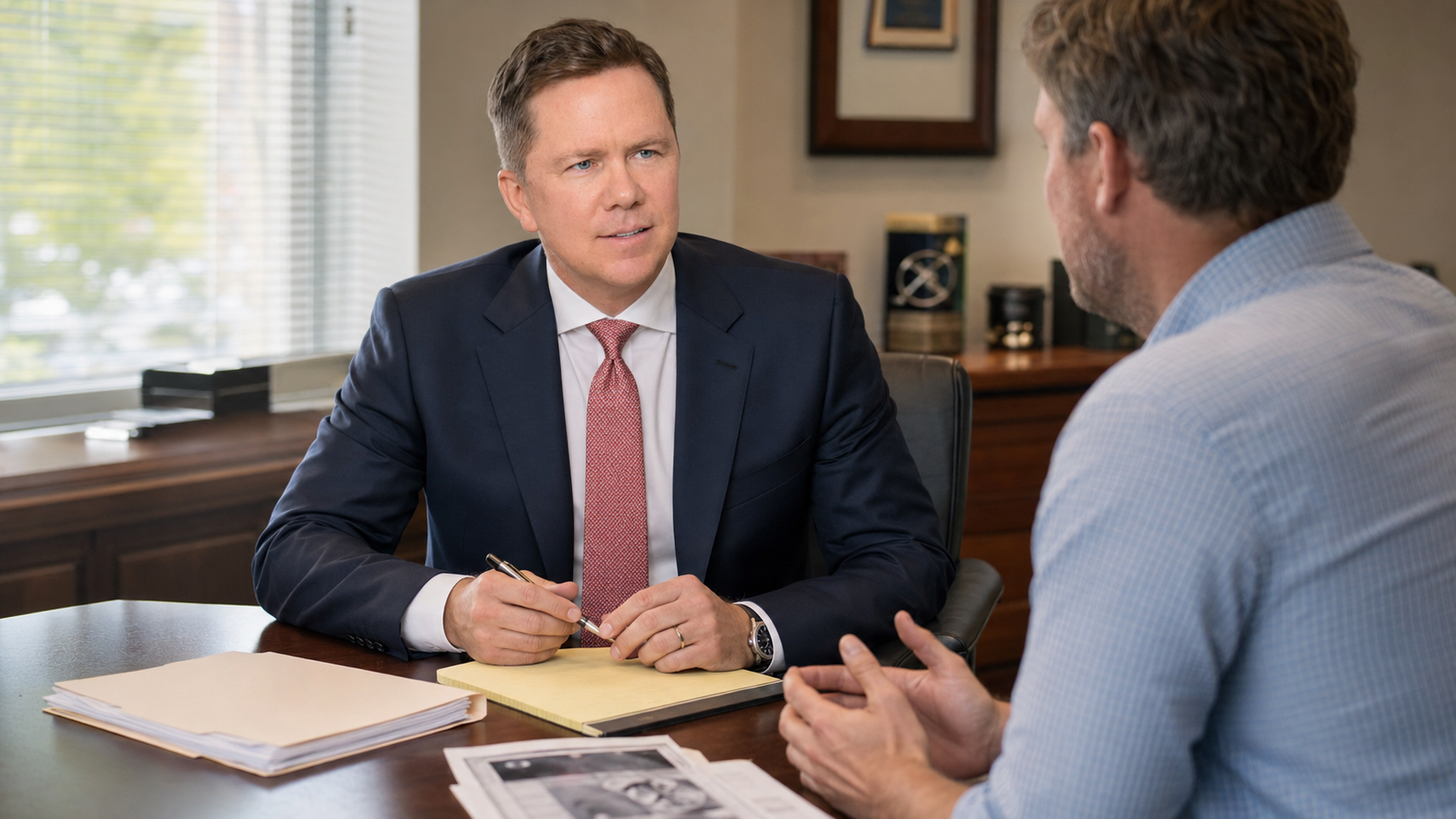 Columbus personal injury attorney, Gregory Gudin, reviews medical records with a client during a private legal consultation.