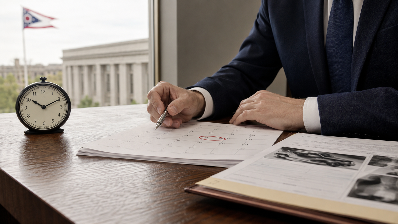 Ohio personal injury attorney reviewing a two-year filing deadline, calendar, and car accident evidence.