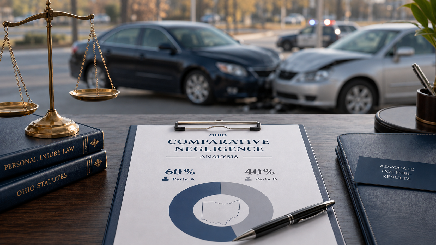 Ohio comparative negligence analysis showing a 60/40 fault chart, scales of justice, legal books, and a blurred car accident scene.