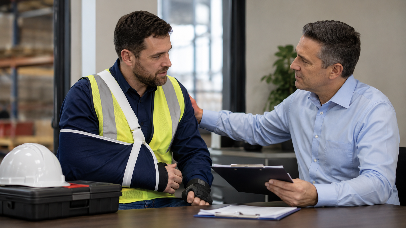 Injured Ohio worker wearing a safety vest and arm sling discusses a compensation claim with a personal injury attorney.