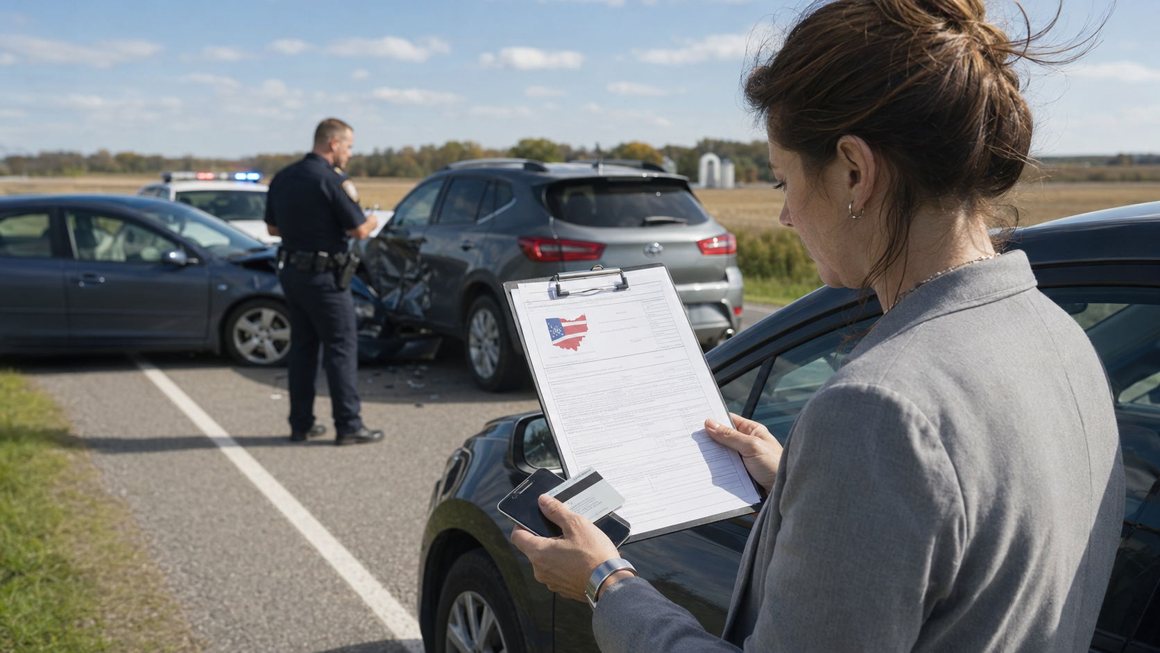 Woman reviewing an Ohio crash report while a police officer documents a two-vehicle car accident.