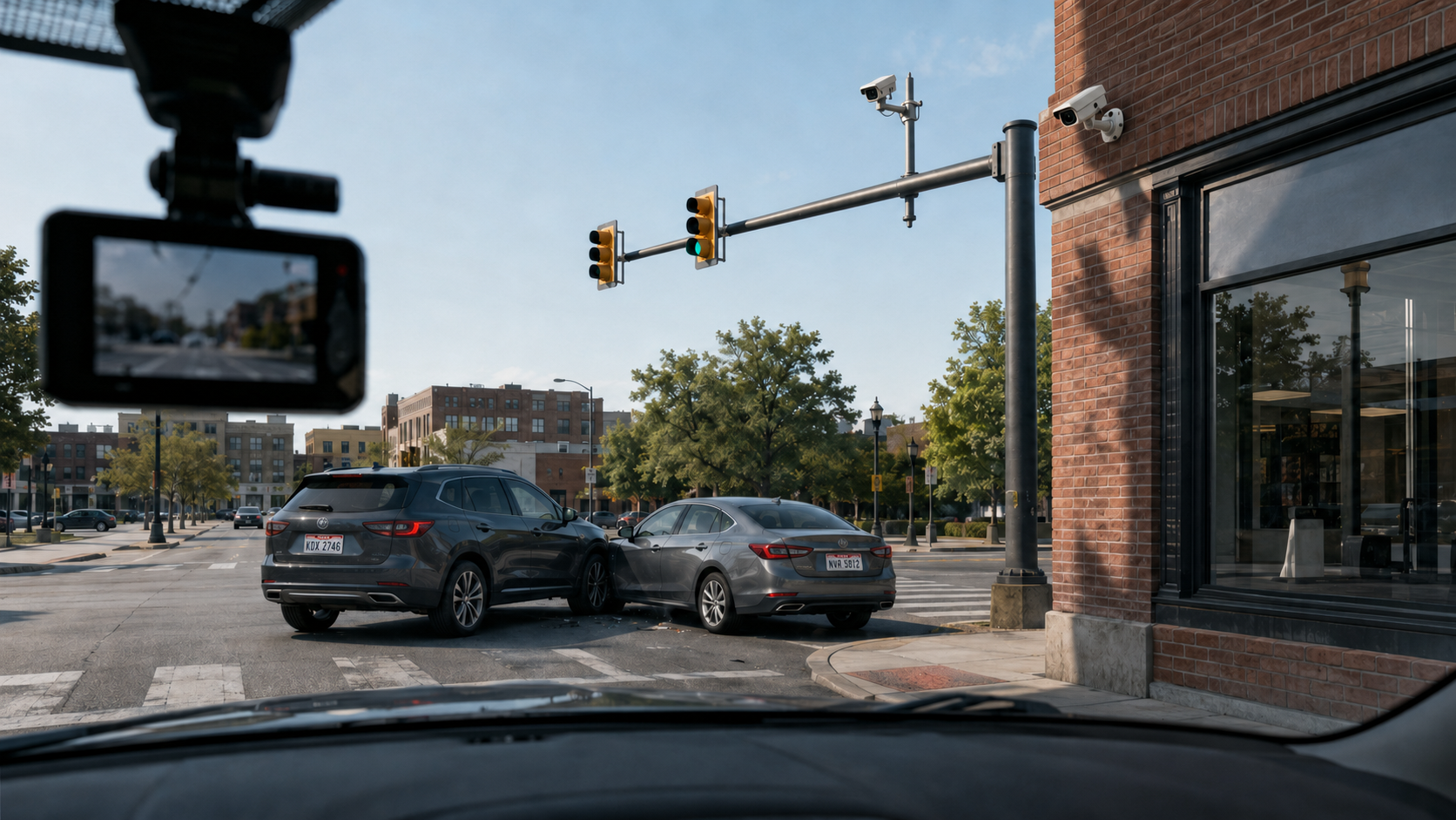 Dashcam, business-surveillance, and traffic cameras capturing evidence after a car accident at an Ohio intersection.