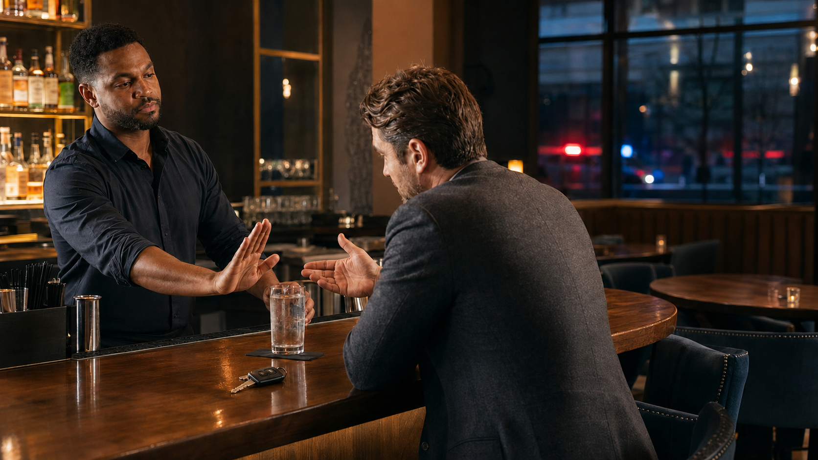 Bartender refusing alcohol service to an impaired patron with car keys nearby, illustrating the Ohio Dram Shop Law.