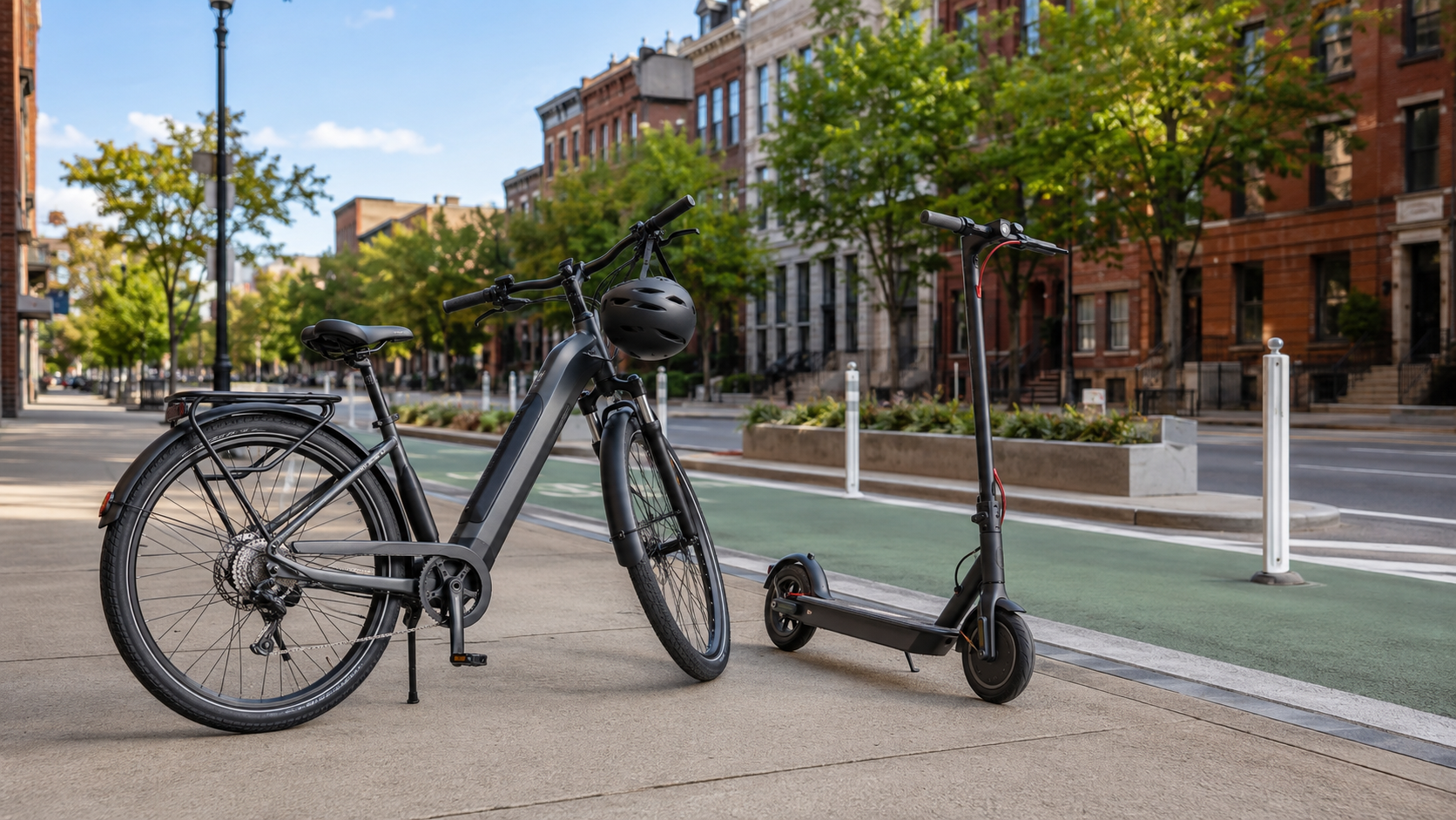 Electric bike and electric scooter parked beside a protected bike lane in an Ohio city neighborhood.