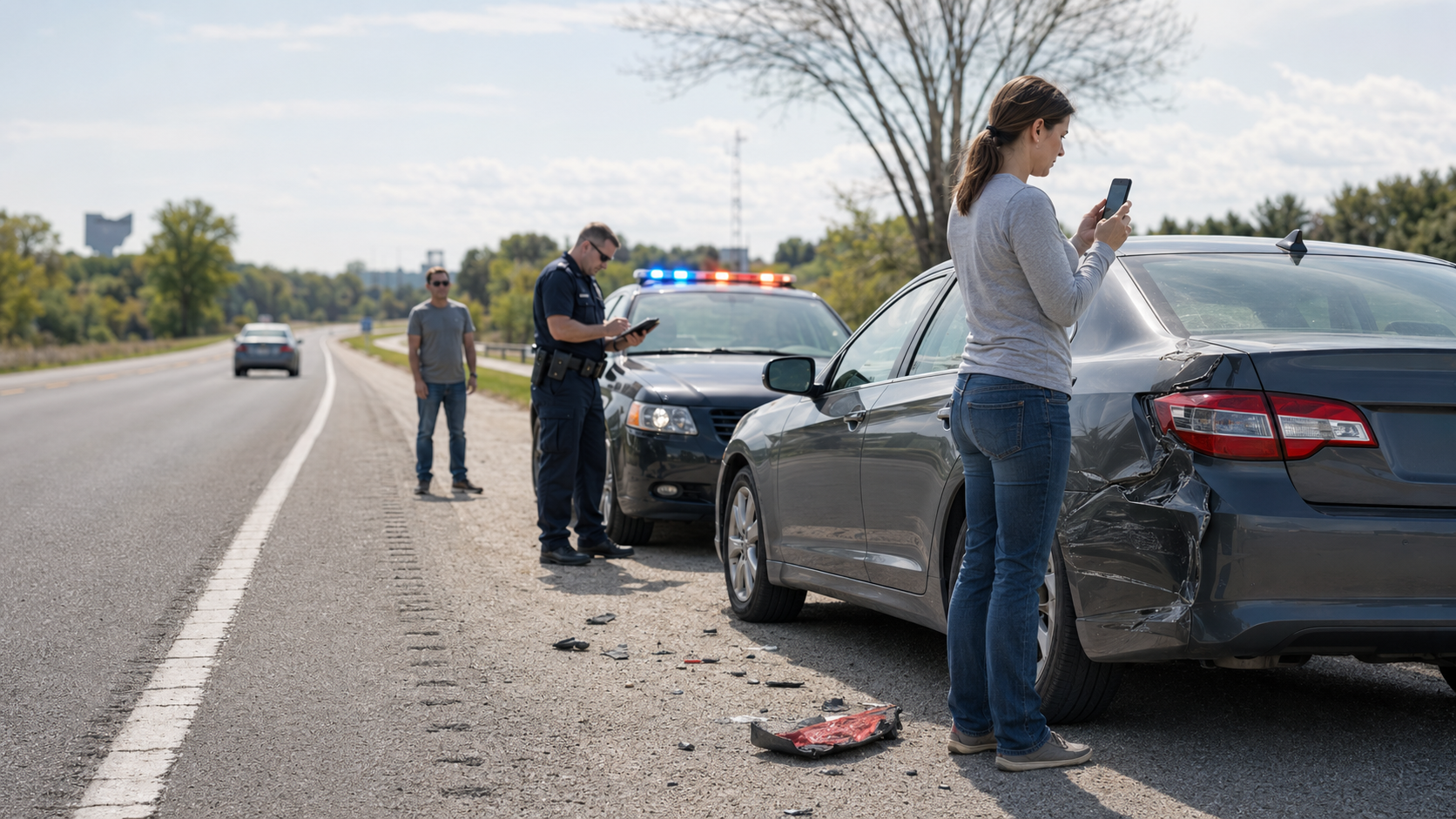 Ohio hit-and-run accident scene with police and a victim documenting vehicle damage for a hit and run accident attorney.
