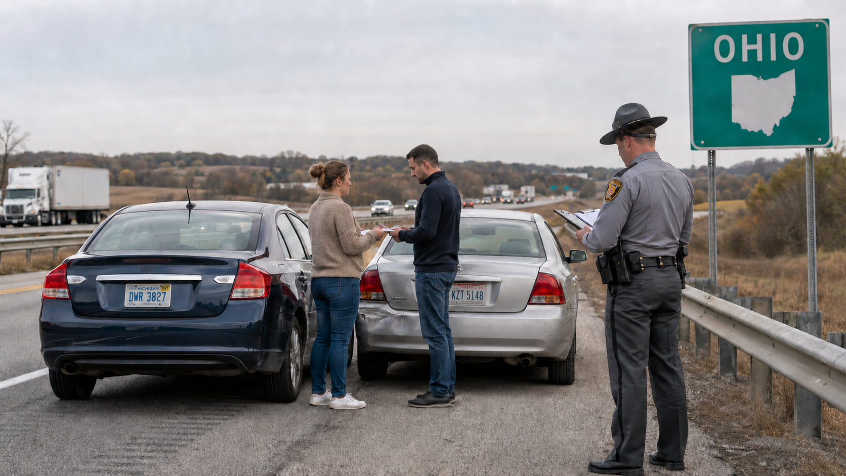 Ohio highway patrol officer documents a two-car accident involving Michigan and Ohio drivers exchanging insurance information.