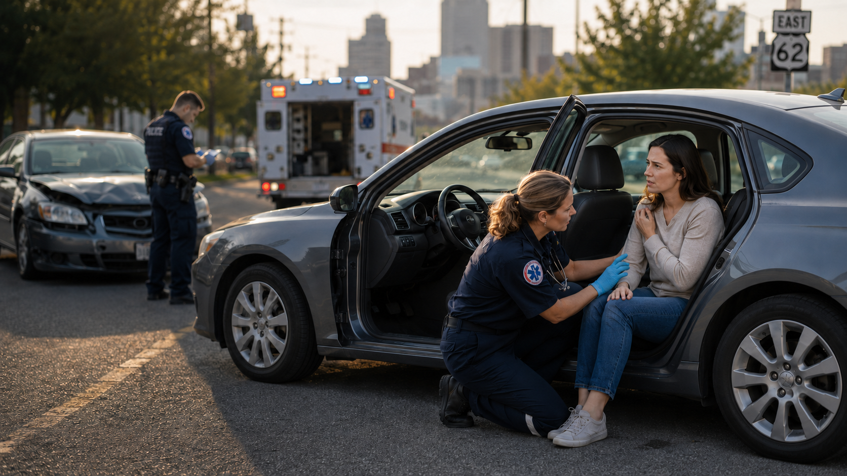 Injured rear-seat passenger receives medical attention from an EMT after a car accident in Ohio.