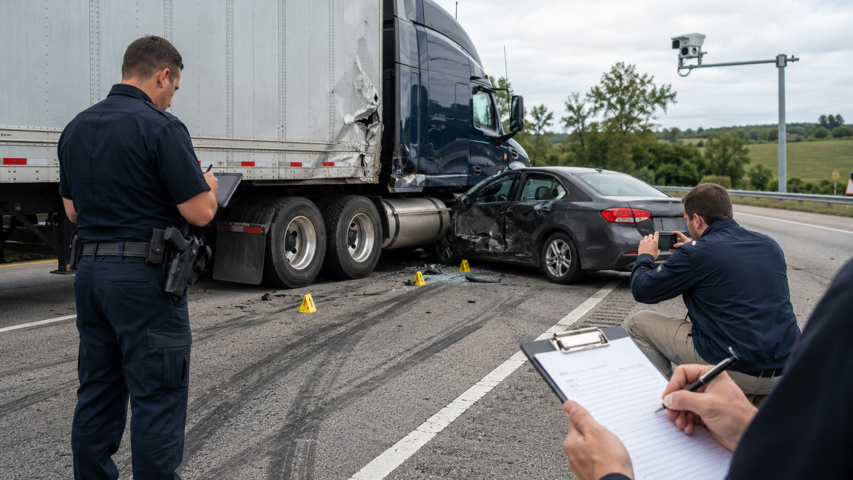 Police and investigators document vehicle damage, skid marks, debris, and other evidence after a semi-truck accident on an Ohio highway.