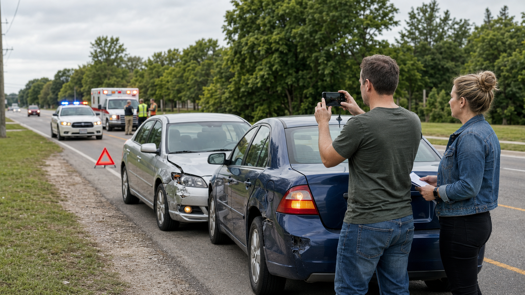 Ohio drivers photograph vehicle damage and exchange insurance information after a car accident while police and paramedics respond.