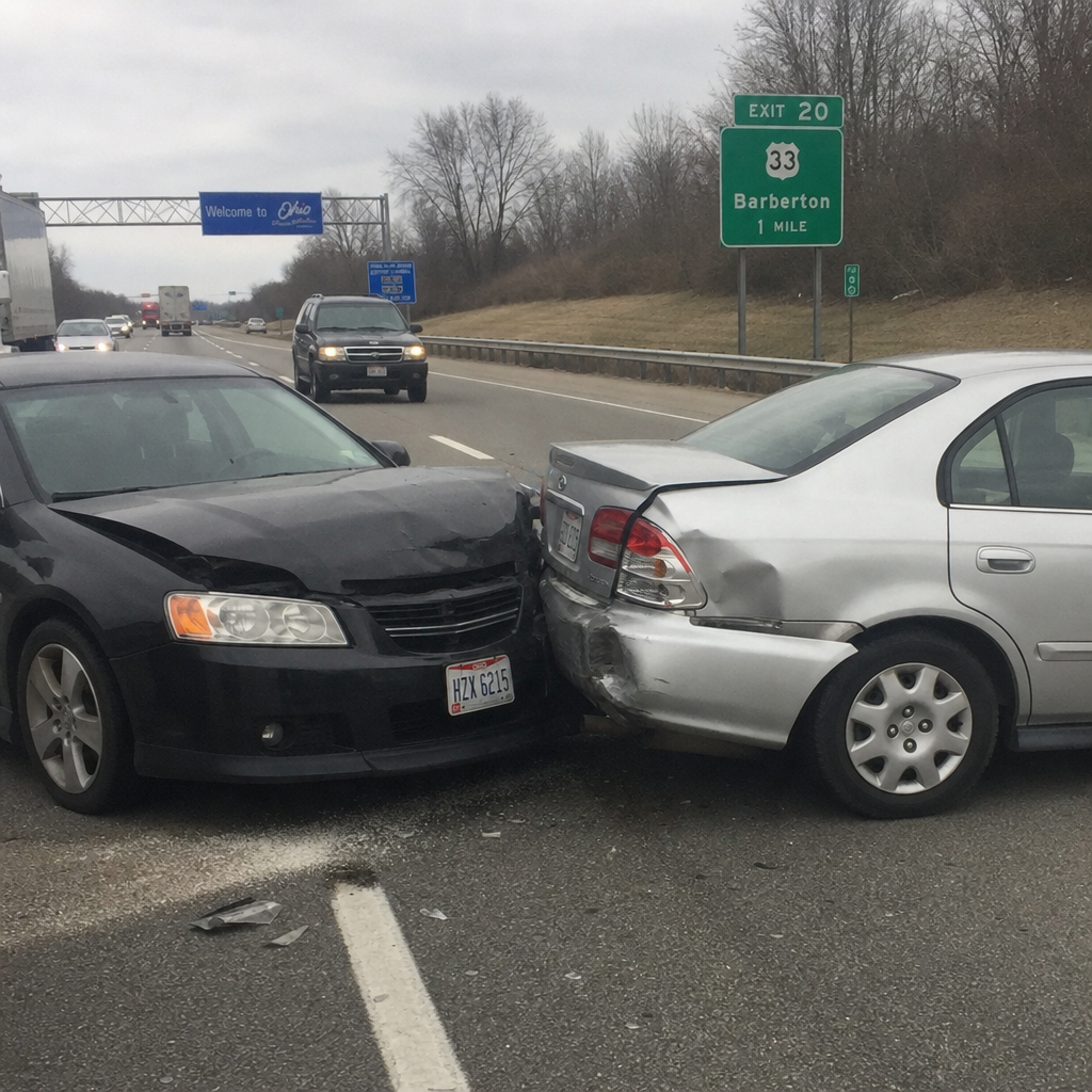 Rear-end collision between two cars on an Ohio highway, illustrating how fault is determined after a crash.