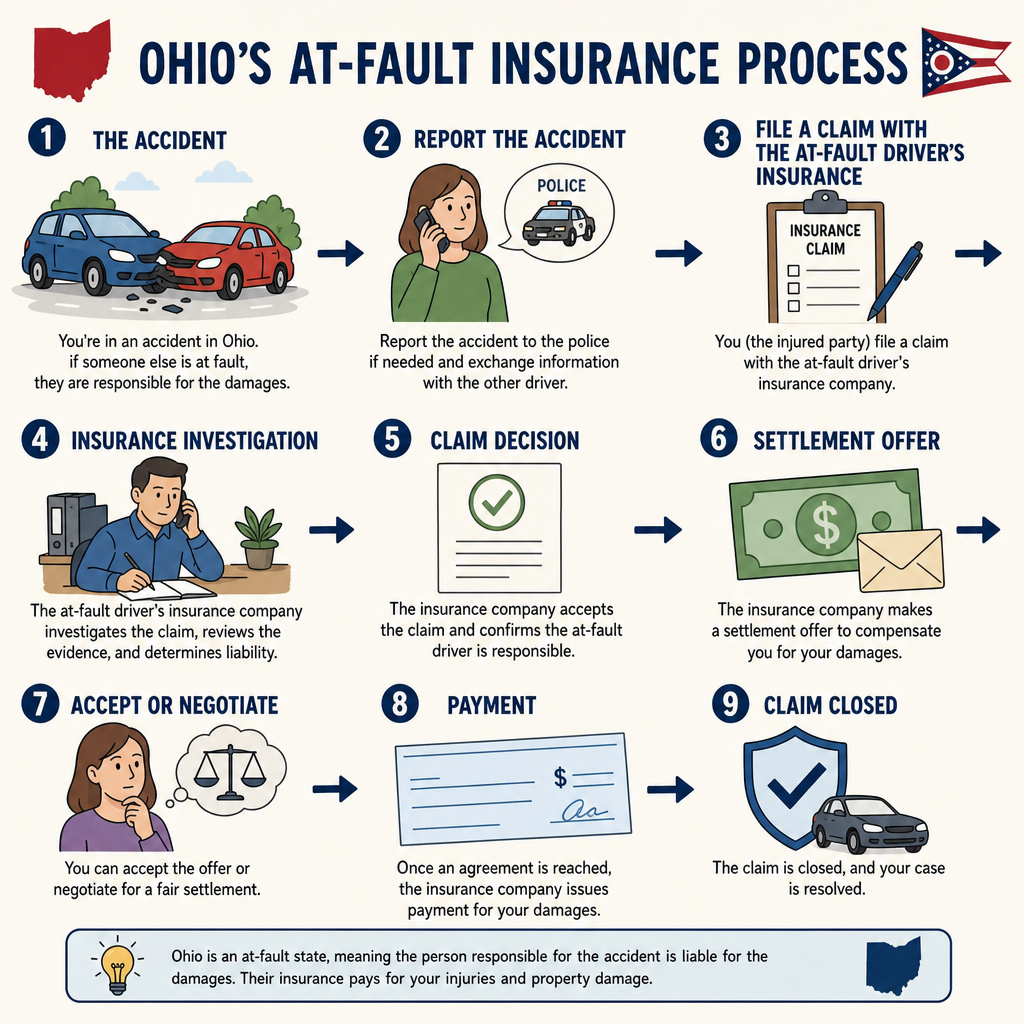 Ohio at-fault insurance claim process after a car accident, from reporting the crash to settlement and payment.