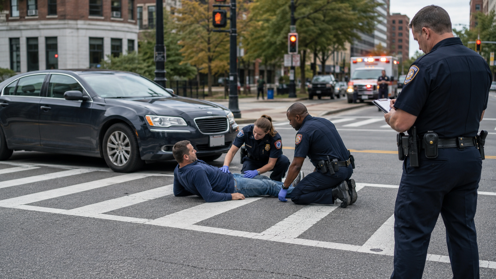 A pedestrian is laying in the crosswalk in the middle of a busy street. He is being attended to by 2 paramedics and a police officer.