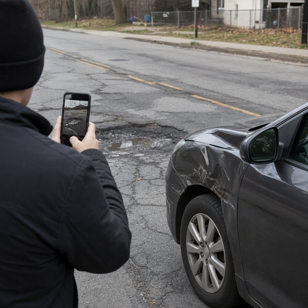 Person photographs vehicle damage and hazardous road conditions after a crash to document an Ohio personal injury claim.