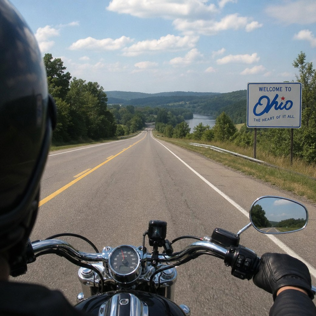 Motorcyclist riding along a scenic Ohio highway near a Welcome to Ohio sign under a clear summer sky.