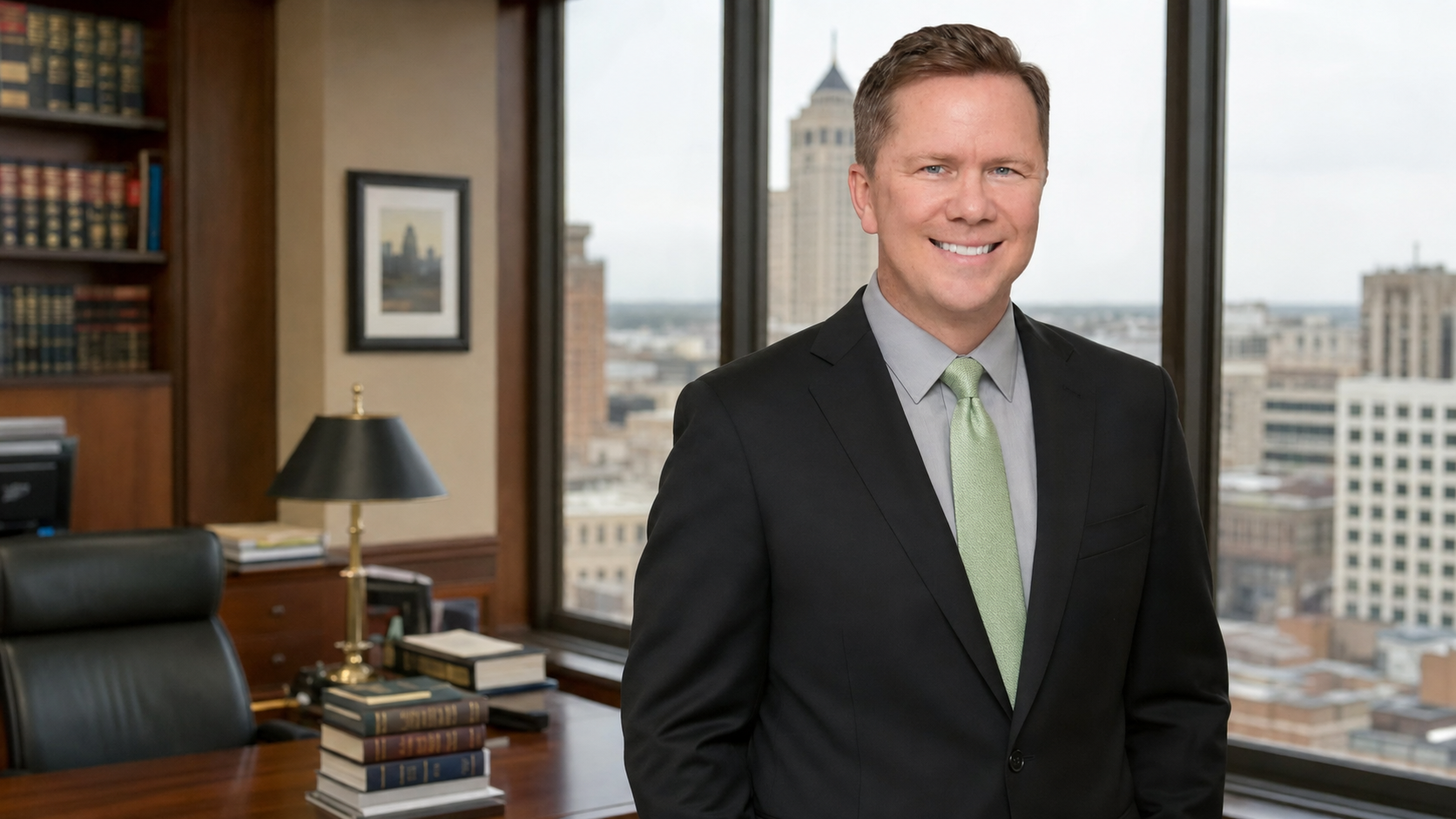 Akron personal injury attorney Gregory Gudin standing in his Akron, OH, office in a black suit and light green tie.