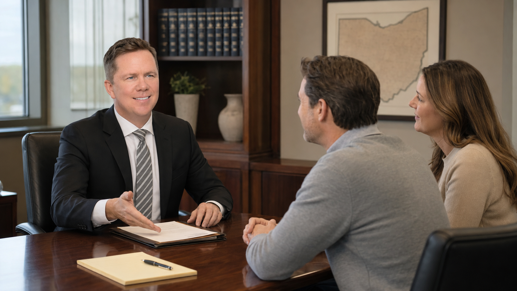 Ohio dog bite injury attorney Gregory Gudin explains a couple’s legal options during a professional office consultation.