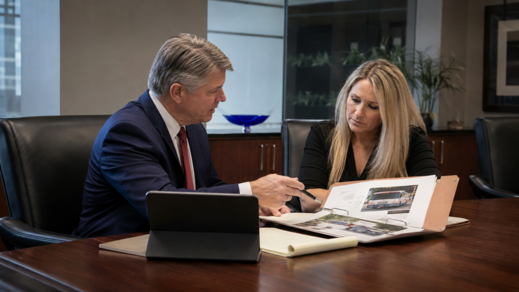 Ohio government vehicle accident attorney reviews city bus crash evidence with an injured client during a private legal consultation.