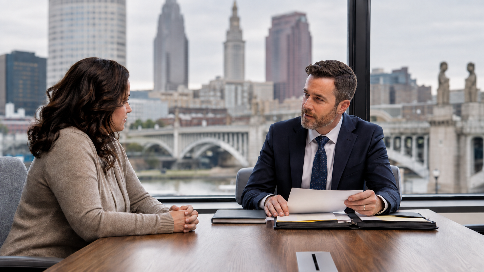 Cleveland personal injury attorney reviews a claim with a client in an office overlooking downtown Cleveland and the Hope Memorial Bridge.