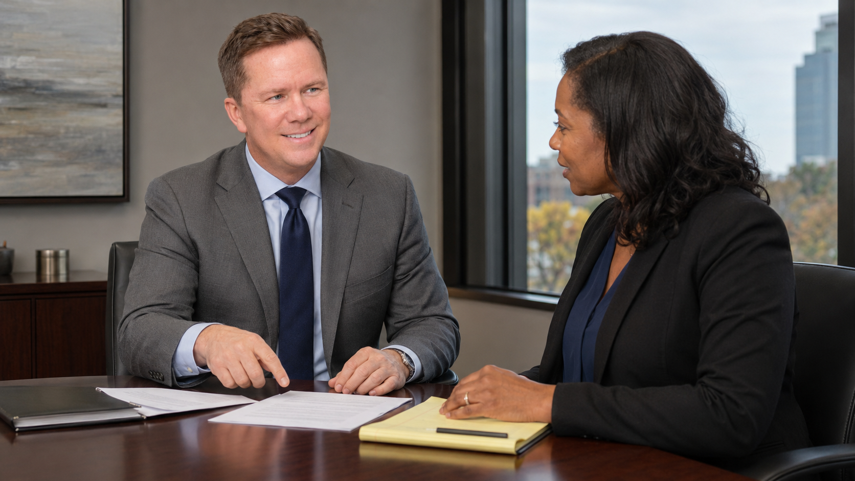 Buckeye Law Group Principal and Managing Attorney Gregory Gudin reviews workers’ compensation claim documents with a client during a consultation in Columbus, Ohio.