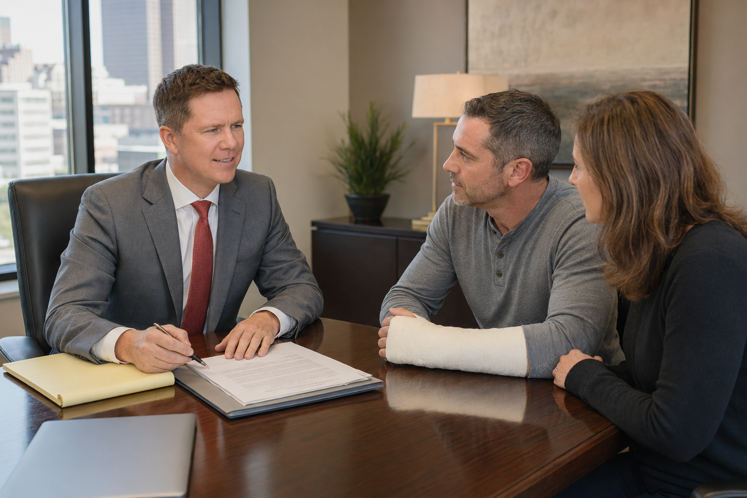 Columbus work accident attorney Gregory Gudin of Buckeye Law Group meets with clients in a law office, including an injured worker wearing an arm cast.