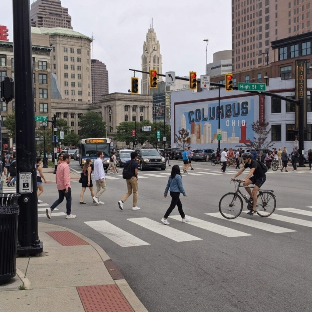 Pedestrians and a cyclist crossing a busy downtown Columbus intersection near High Street, illustrating common pedestrian and bicycle accident risks.