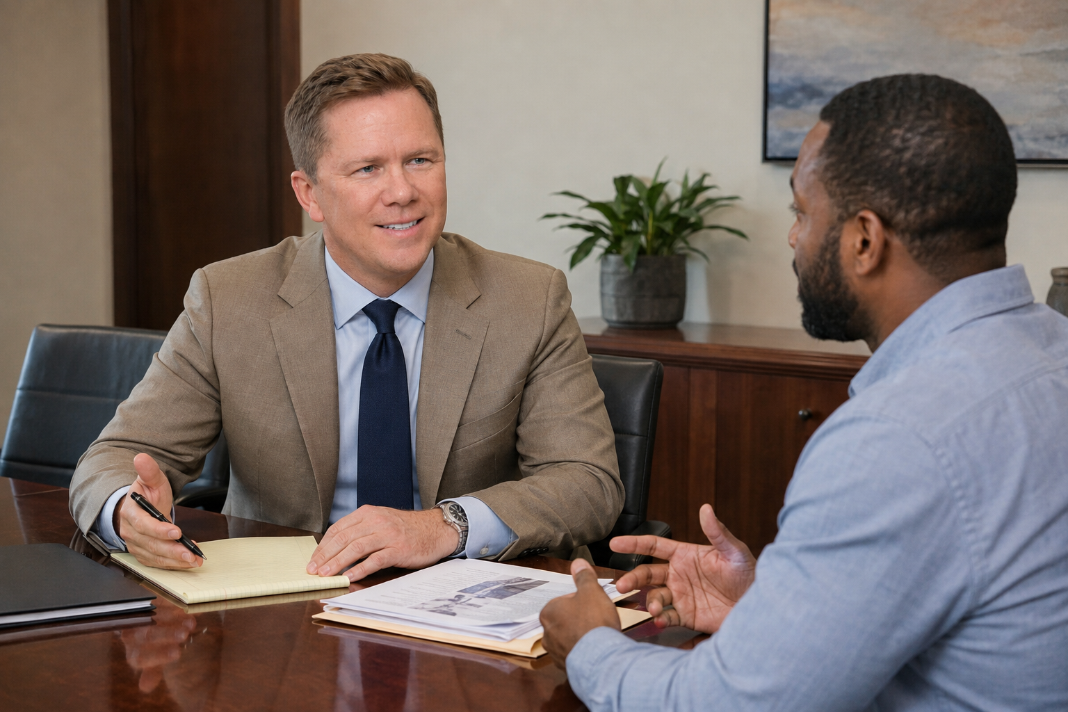 Buckeye Law Group Principal and Managing Attorney Gregory Gudin consults with a client regarding a Columbus workers’ compensation claim.