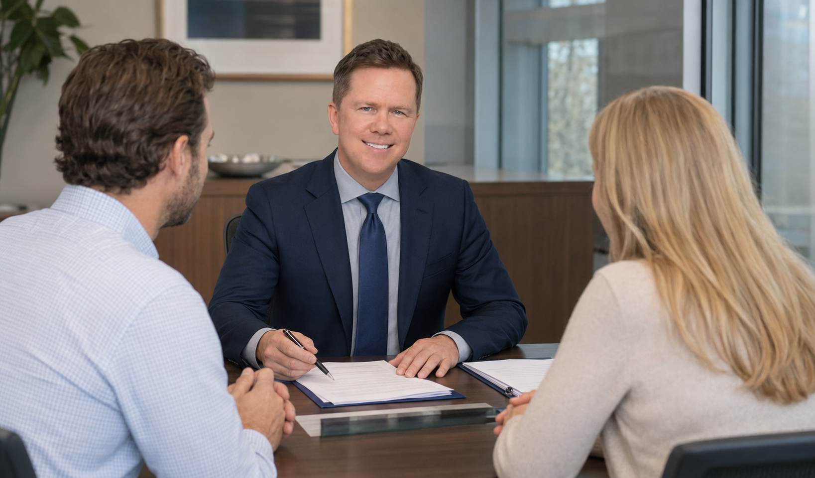 Buckeye Law Group personal injury attorney Gregory Gudin is meeting with a couple in a Dayton, OH, law office to review legal documents.