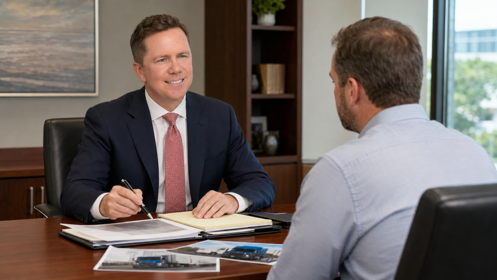 Buckeye Law Group attorney Gregory Gudin reviews auto accident evidence with a client in his Cleveland office.