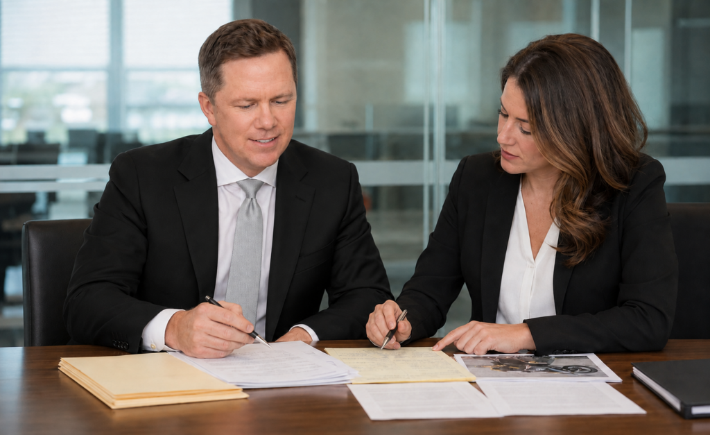 Ohio motorcycle accident attorneys from Buckeye Law Group reviewing claim documents and motorcycle crash evidence in a professional conference room.