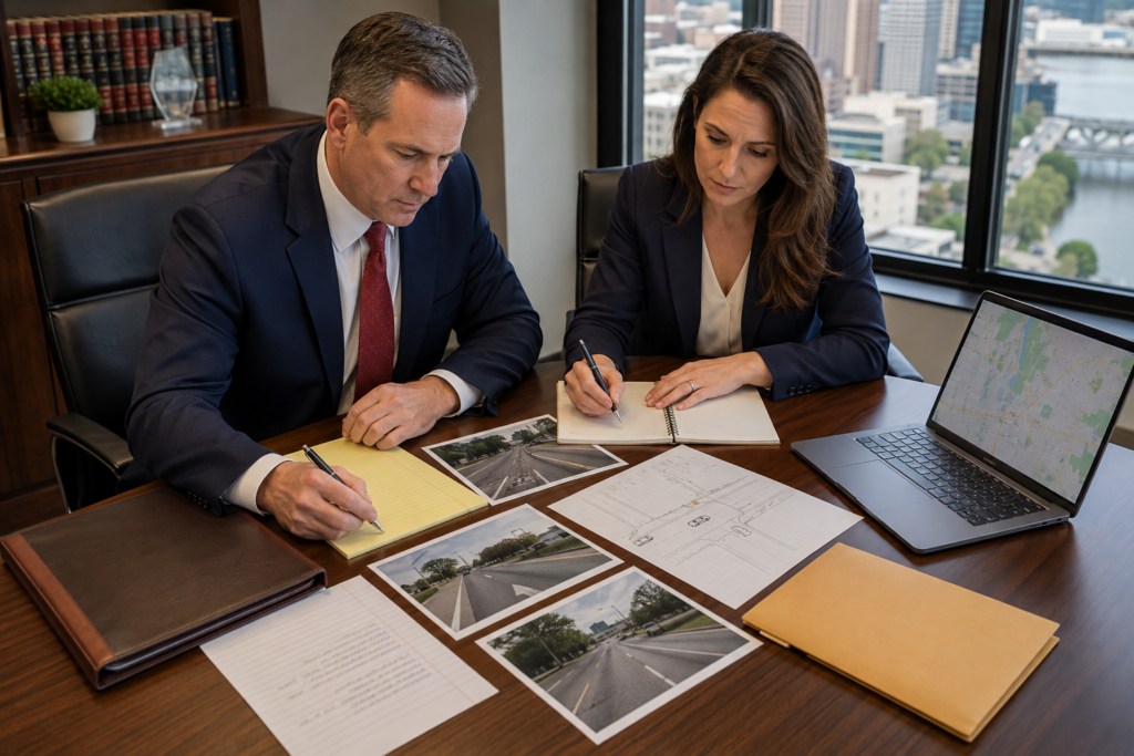 Columbus wrongful death attorneys review roadway photographs, crash diagrams, and digital evidence in an Ohio law office.