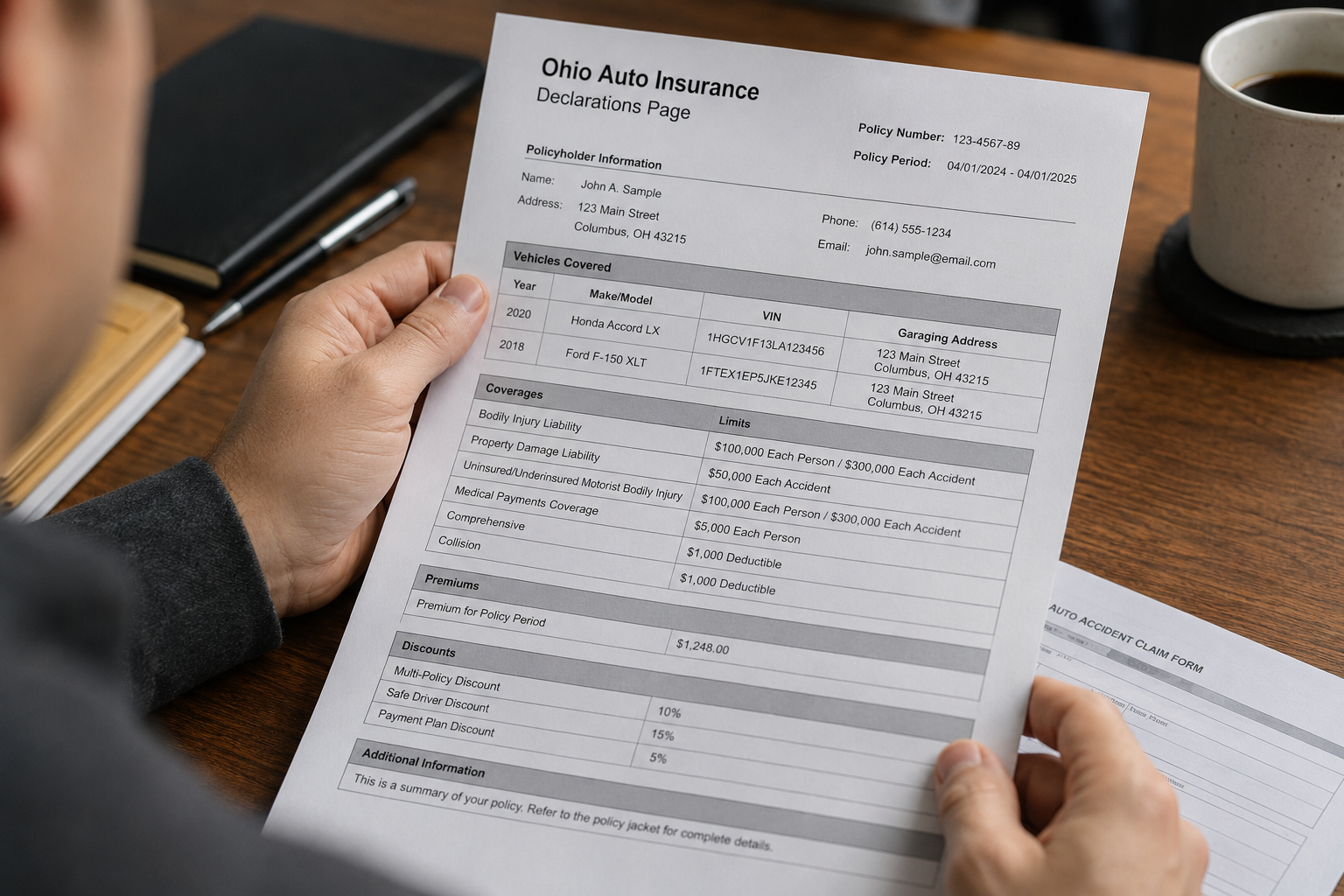 Person reviewing an Ohio auto insurance declarations page with coverage limits, deductibles, and policy details after a car accident.