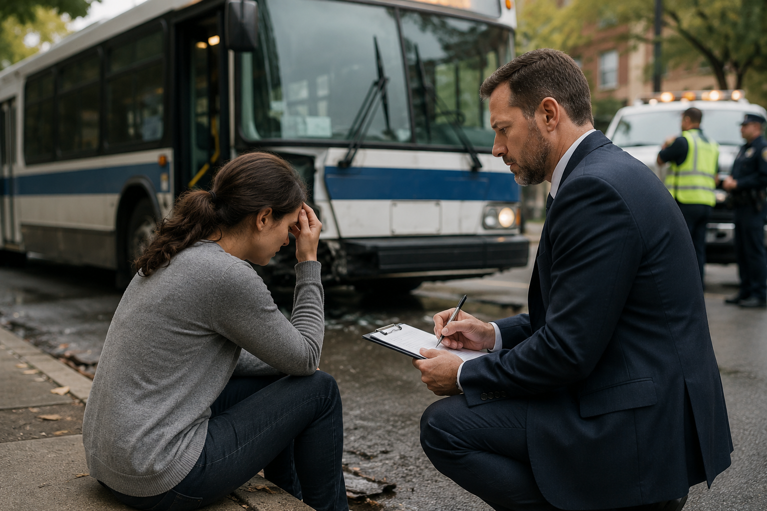 Personal injury attorney assisting an injured woman beside a damaged city bus after an Ohio government vehicle accident.