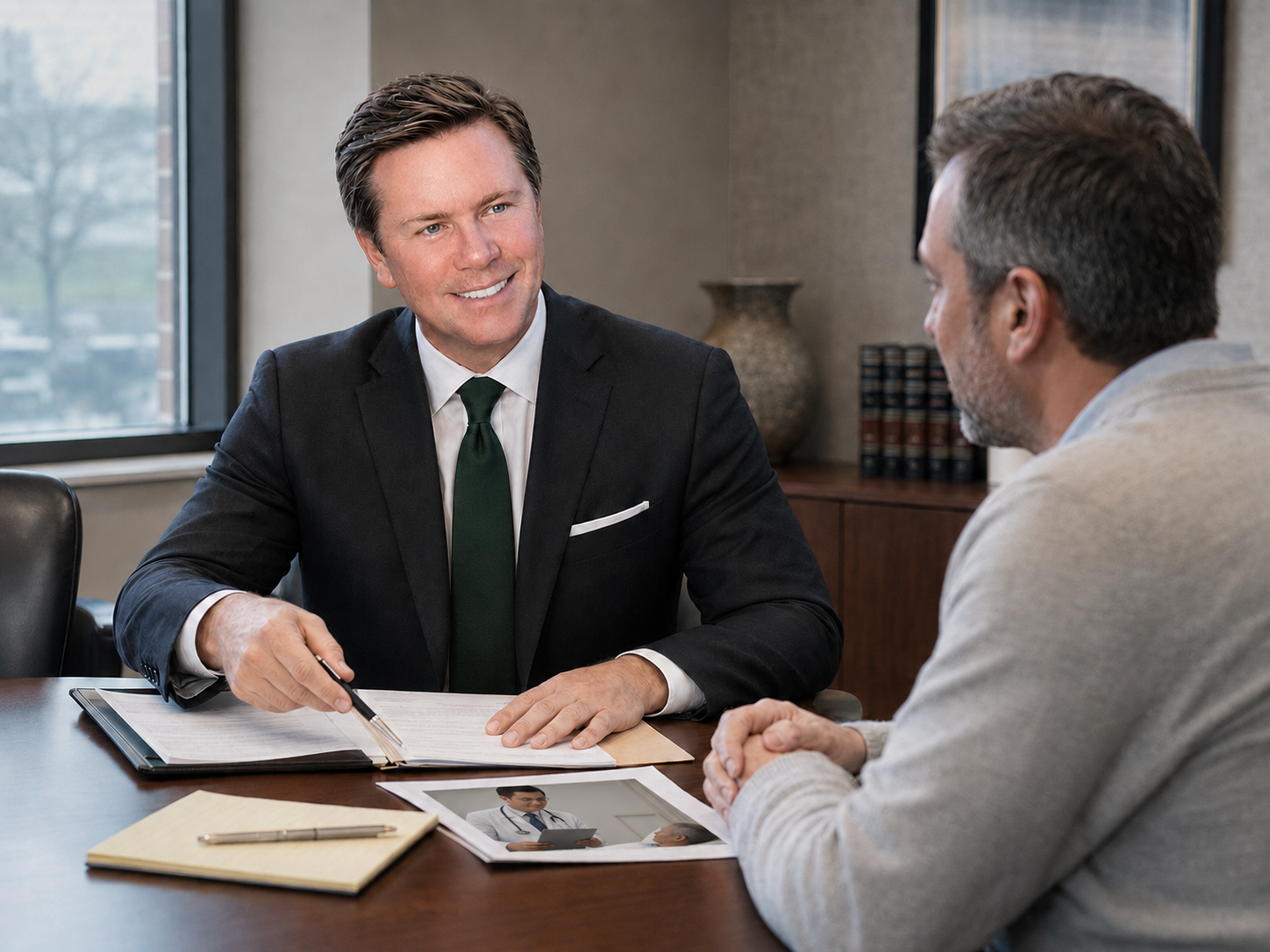 Buckeye Law Group medical malpractice attorney Gregory Gudin meeting with a client to review case documents at Buckeye Law Group's law office in Columbus, OH.
