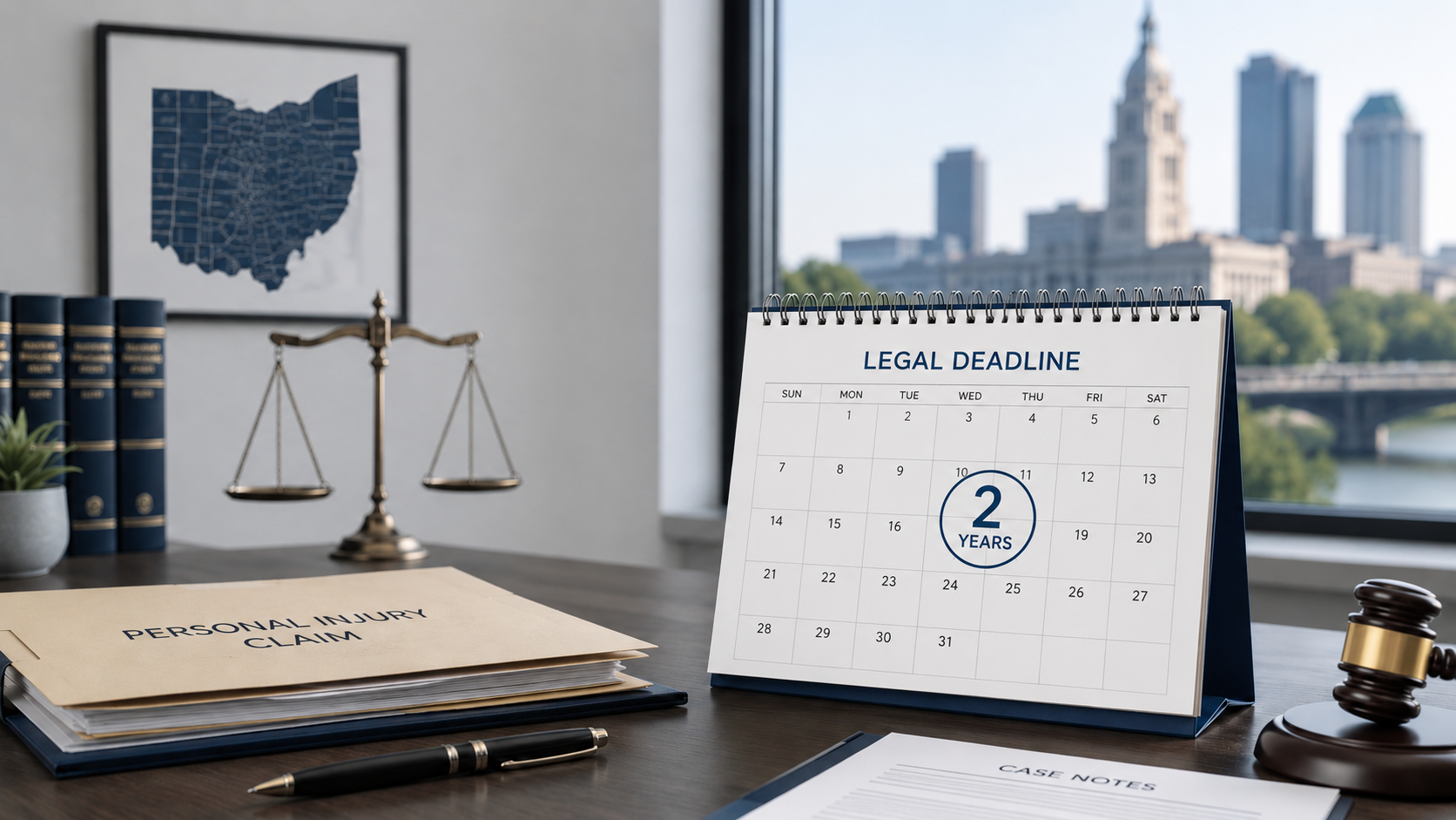 Ohio personal injury claim deadline calendar showing the two-year filing limit, legal files, scales of justice, and Columbus skyline.