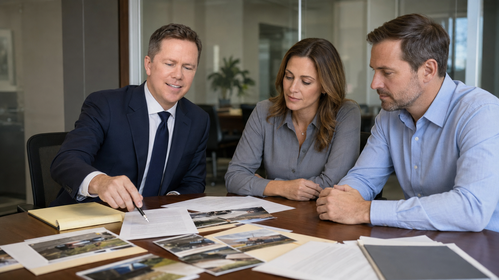 Parma personal injury attorney Gregory Gudin reviews claim documents with a woman and her husband in a conference room at Buckeye Law Group.