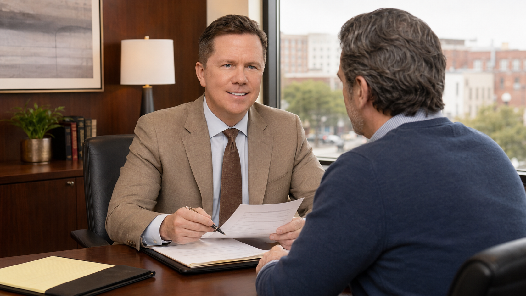 Springfield personal injury attorney Gregory Gudin meets with a client to review claim documents and discuss legal options in Clark County, Ohio.