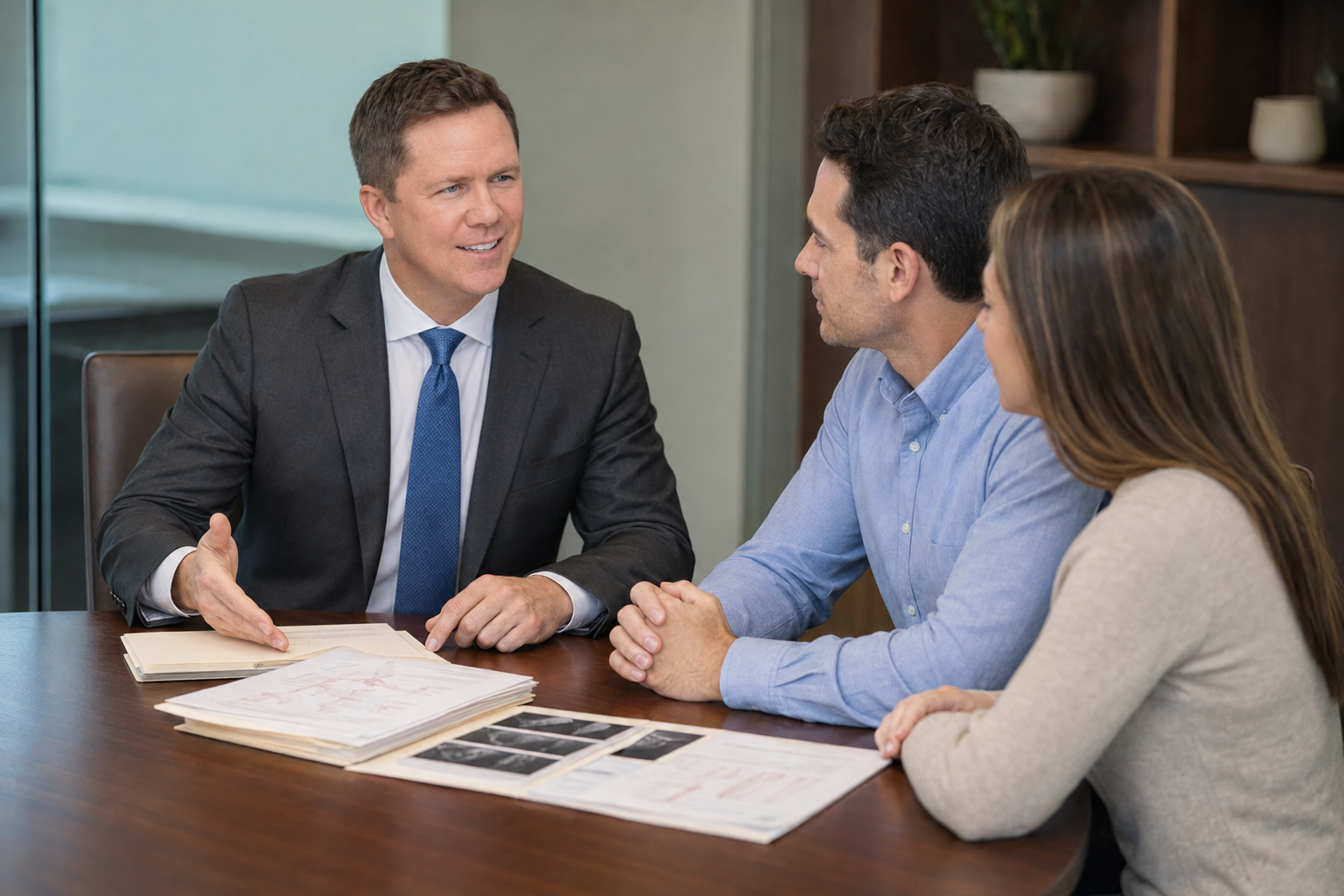 Toledo personal injury attorney, Gregory Gudin, reviews claim documents with a husband and wife during a professional consultation.