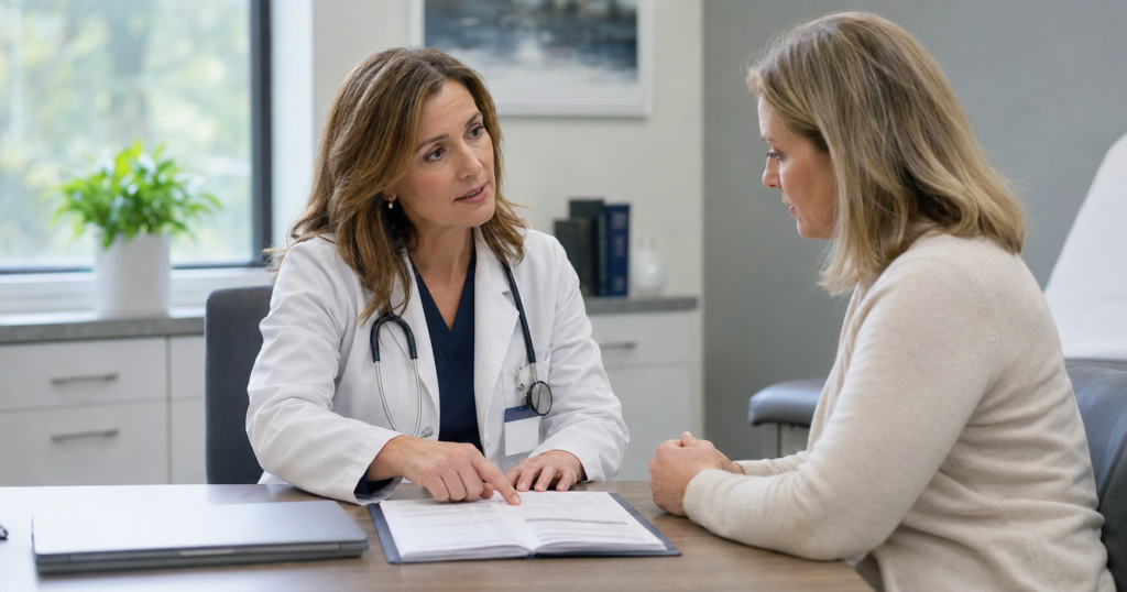Woman doctor reviews medical records with an Ohio patient during a private consultation about potential medical malpractice.
