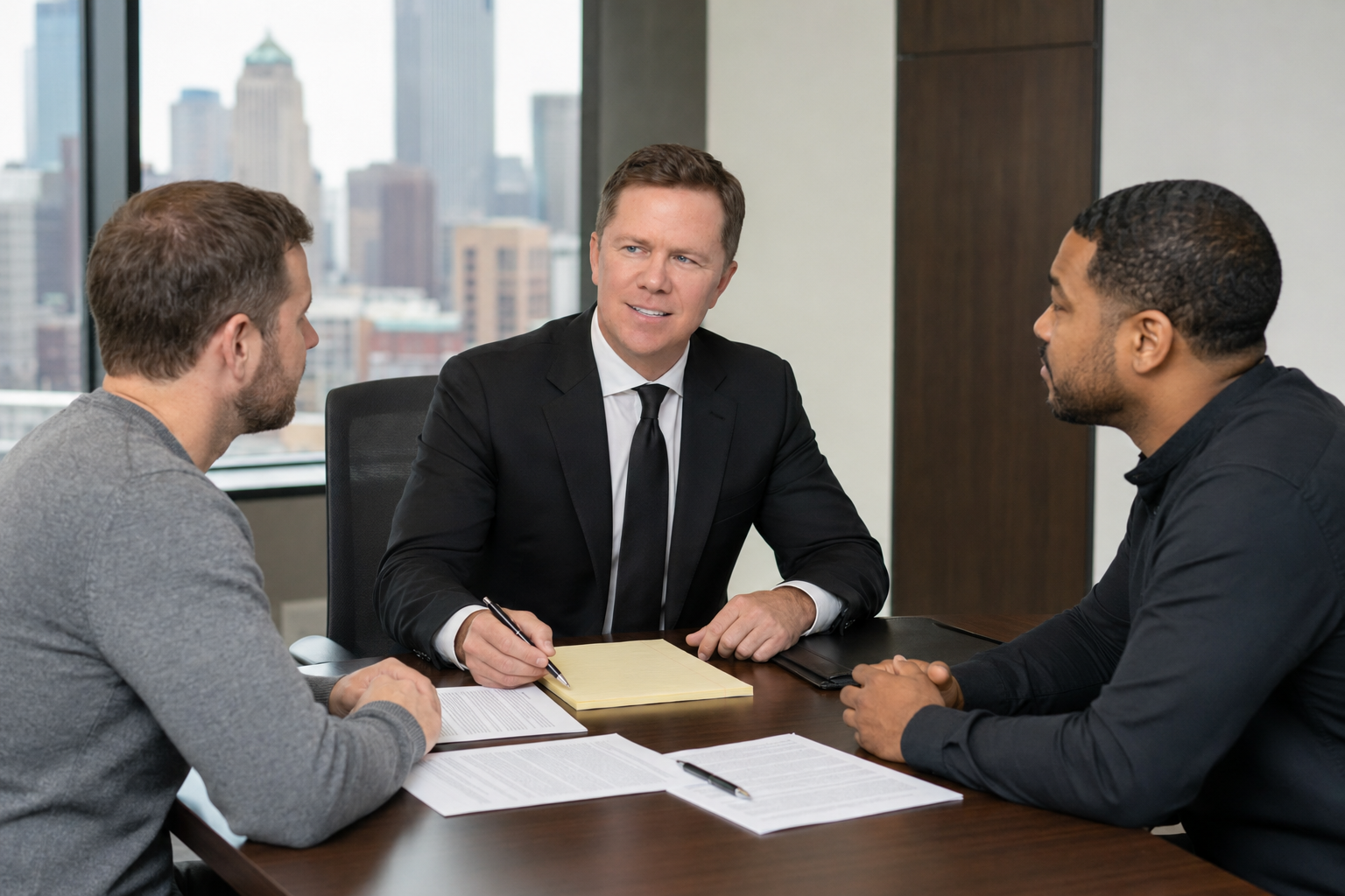 Gregory Gudin, principal and managing attorney at Buckeye Law Group, meets with two clients in a Cleveland, OH, conference room to discuss a work accident claim.