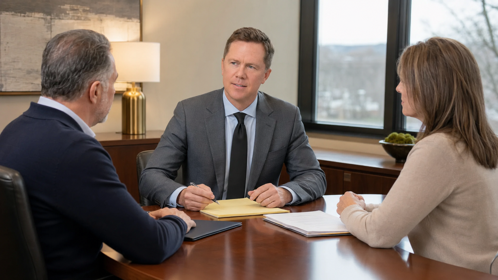 Gregory Gudin of Buckeye Law Group helping clients discuss a personal injury claim in Westlake, Ohio.