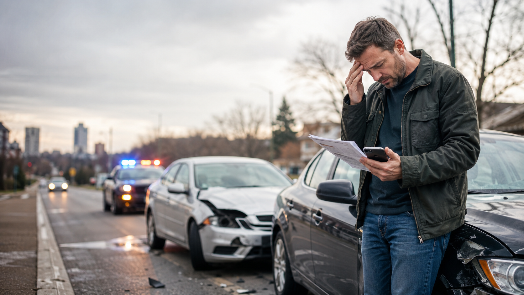 Stressed Ohio driver reviewing insurance documents beside damaged vehicles after a crash involving an uninsured motorist.