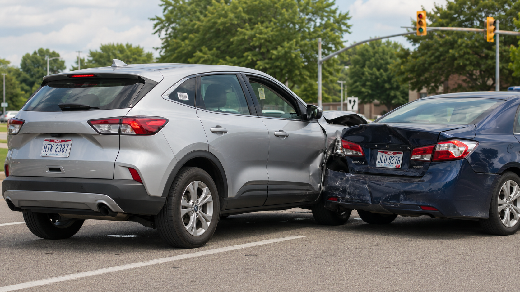 Ohio rental car accident involving a silver rental SUV that rear-ended a blue sedan at a local intersection.