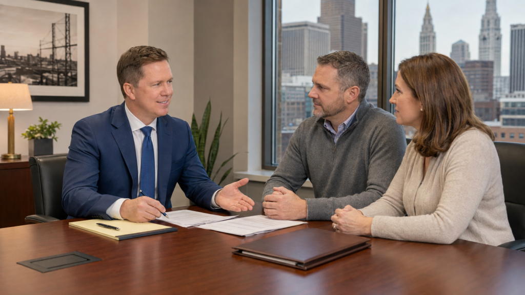 Buckeye Law Group personal injury attorney Gregory Gudin meets with clients in a Cleveland, OH, conference room about a work accident claim.