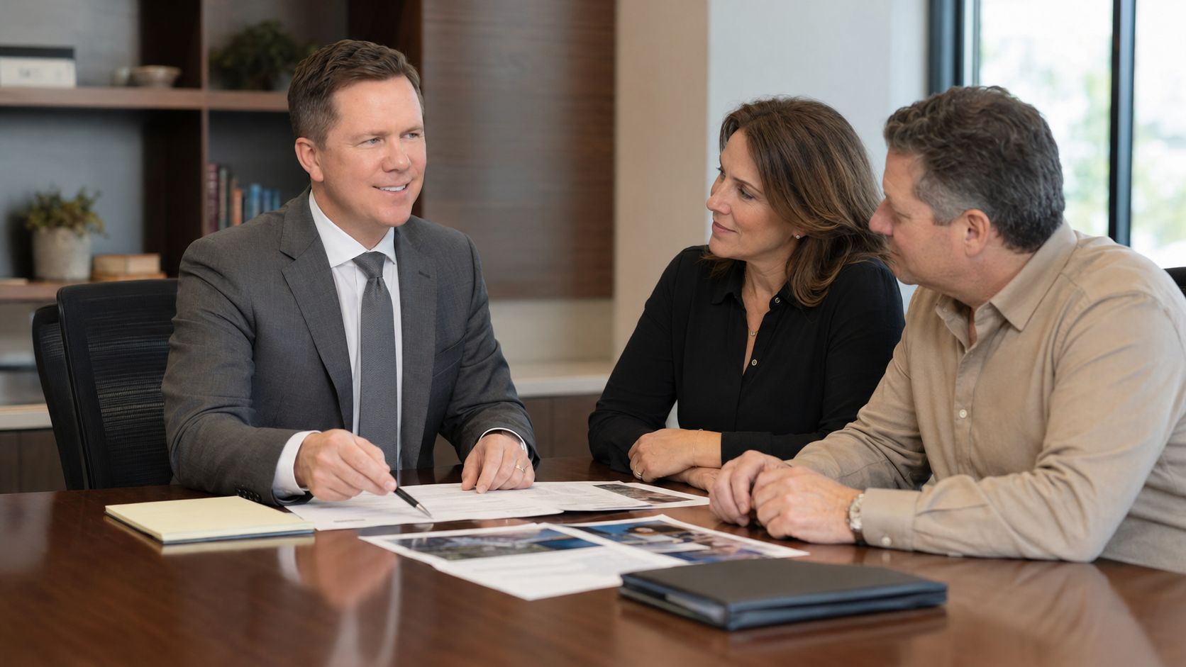 Worthington personal injury attorney Gregory Gudin meets with a couple to review documents and discuss their injury claim.